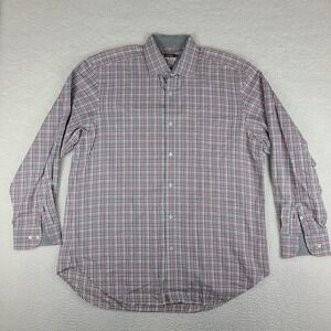 J Mclaughlin Shirt Mens XL Blue Gray Red Check Plaid Cotton Dress‎ Button Up